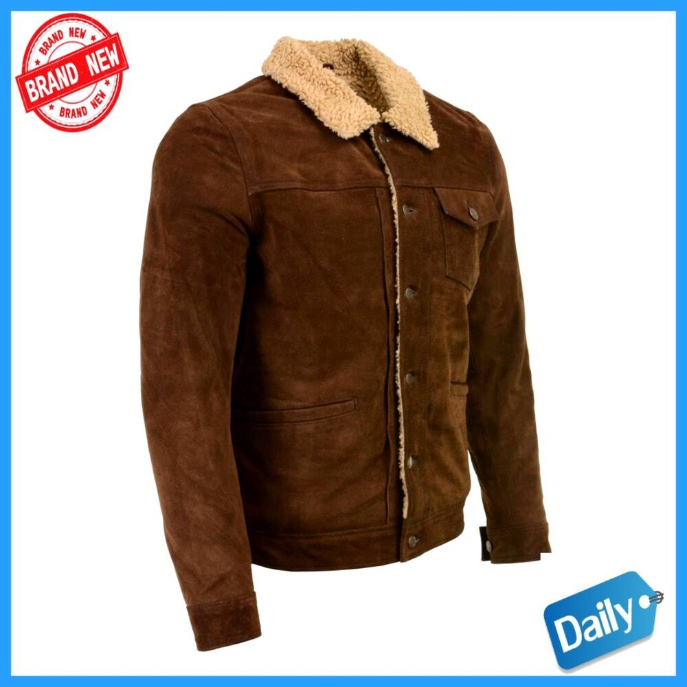 Vintage Suede Leather Jacket Classic Retro Sherpa Lined Warm Winter Coat